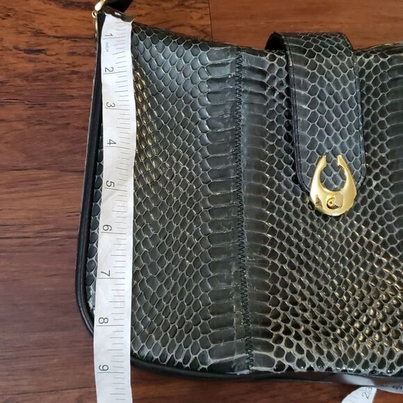Celina Paris Olive Green Serpent Skin Leather Shoulder Purse Gold Hardware - Picture 3 of 8